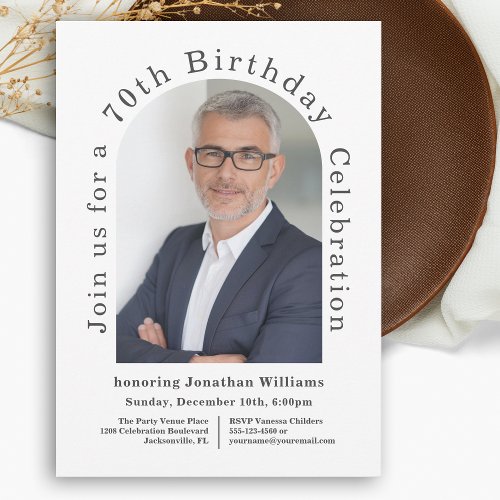 White Simple Photo Arch 70th Birthday Party Invitation