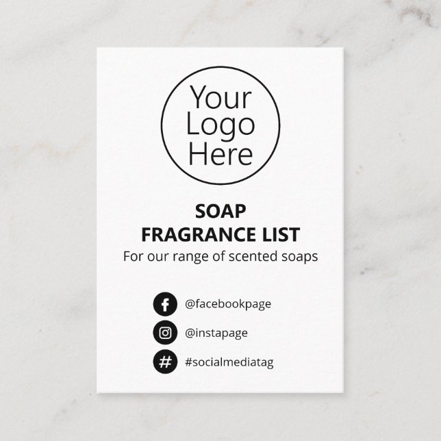White Simple Soap Scent List Logo Business Card (Front)