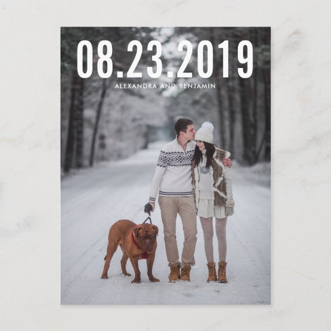 White Simple Typography Save the Date Postcard (Front)