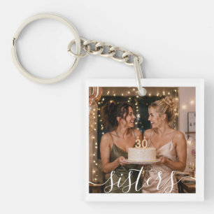 White Sisters Script Modern Trendy 2 Photo Square Keychain