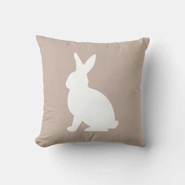 White Sitting Bunny Silhouette On Beige Easter Throw Pillow (Front)