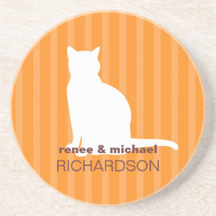 White sitting cat orange stripes pet lover modern drink coaster