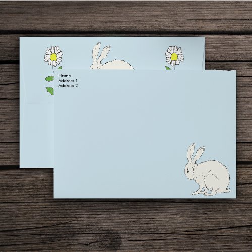 White Sitting Rabbit Daisy Flowers on Stems blue Envelope