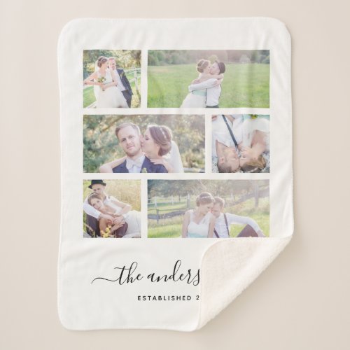 White Six Photo Collage Family Name Calligraphy Sherpa Blanket