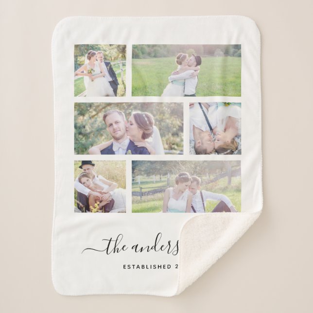 White Six Photo Collage Family Name Calligraphy Sherpa Blanket (Front)