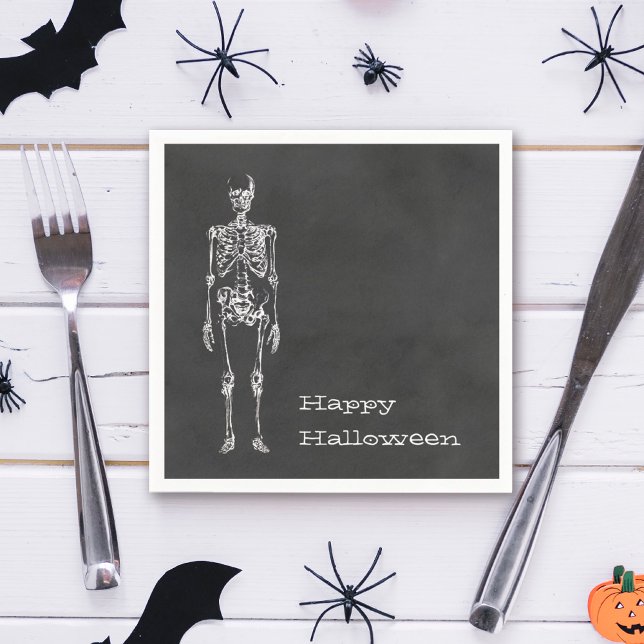White Skeleton Black Spirit Halloween Party Paper Napkins (Decorate your Halloween party with this spooky Skeleton designed black charcoal napkin. )