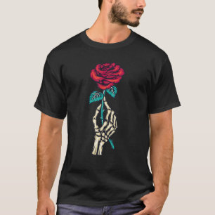 White Skeleton Hand Holding Red Rose Funny Tattoo T-Shirt