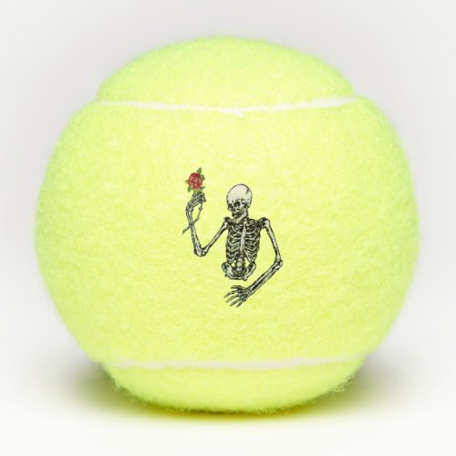 White Skeleton Holding Red Rose on Stem Leaves Tennis Balls