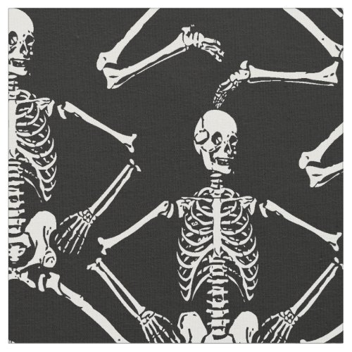 White Skeletons Dancing on a Black Background Fabric