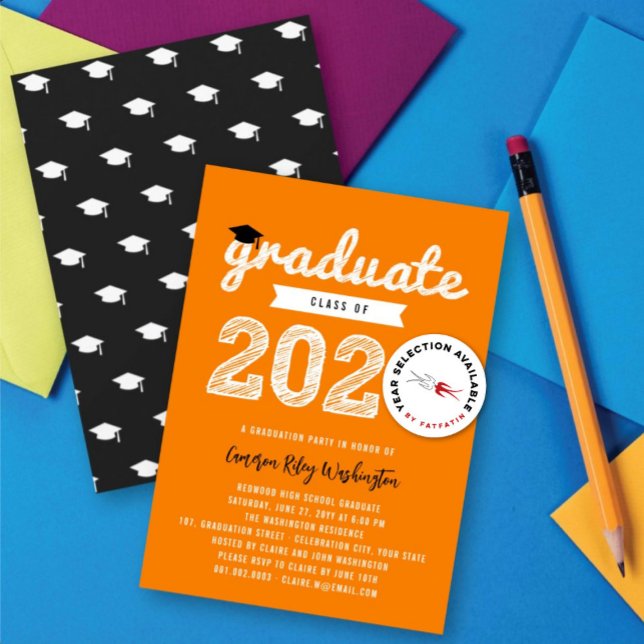 White Sketch Graduate Cap Class Of 2026 Grad Party Invitation (2025 White Graduate Sketch On Orange (color is customizable) Graduation Party Invitation @ fatfatin)