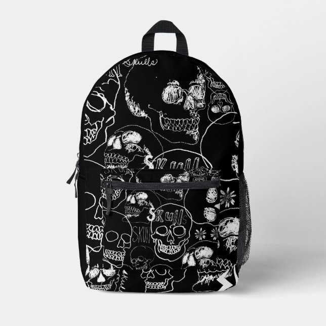 White Sketchbook Skulls Printed Backpack (Front)
