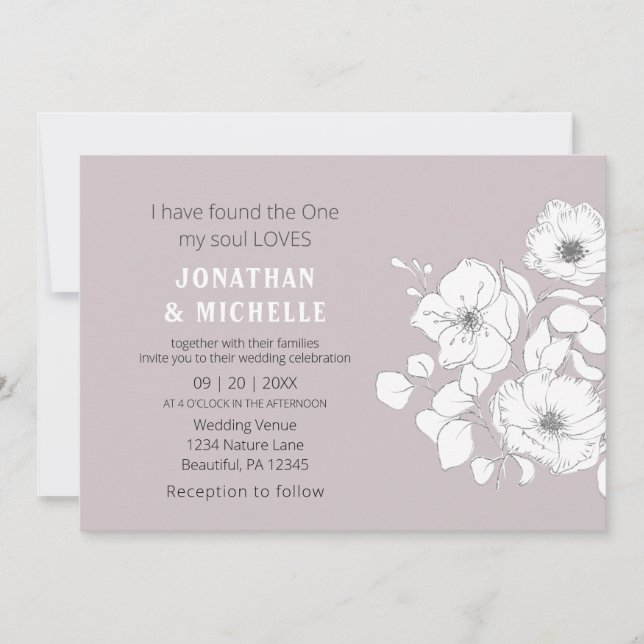 White Sketched Floral on Pink Christian Wedding Invitation (Front)