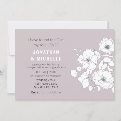 White Sketched Floral on Pink Christian Wedding Invitation