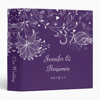 White Sketched Flowers on Dark Purple Photo Album 3 Ring Binder