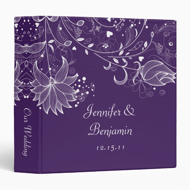 White Sketched Flowers on Dark Purple Photo Album 3 Ring Binder (Front/Spine)