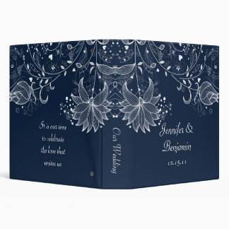 White Sketched Flowers on Navy Wedding Album 3 Ring Binder