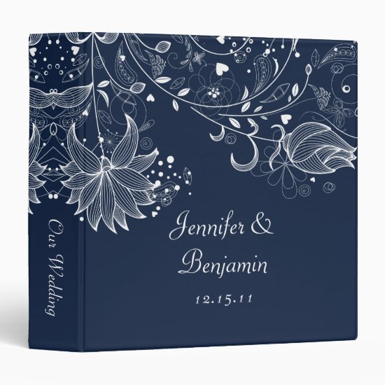 White Sketched Flowers on Navy Wedding Album 3 Ring Binder