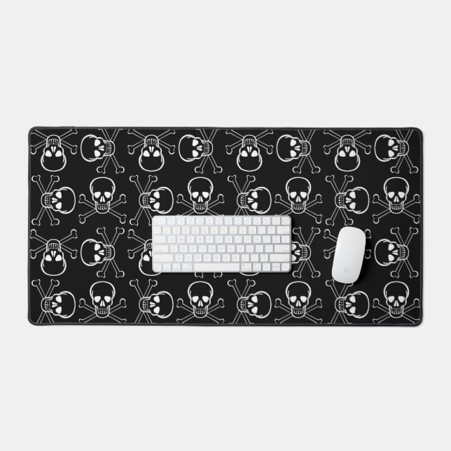 White Skull and Crossbones graphic Pattern Black Desk Mat (Keyboard & Mouse)