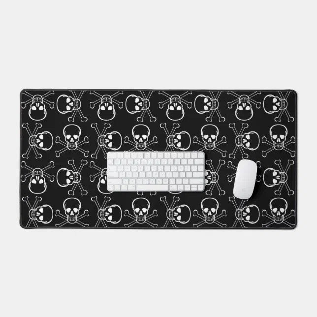 White Skull and Crossbones graphic Pattern Black Desk Mat | Zazzle