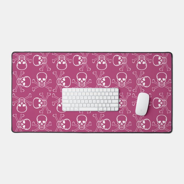 White Skull and Crossbones graphic Pattern Pink Desk Mat (Keyboard & Mouse)