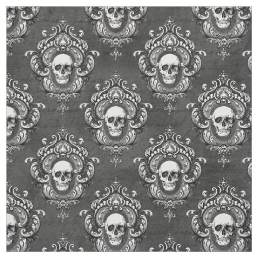White Skull and Grey Gothic Fabric