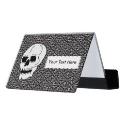 White Skull Black Eyes Elegant Black White Damask Desk Business Card Holder