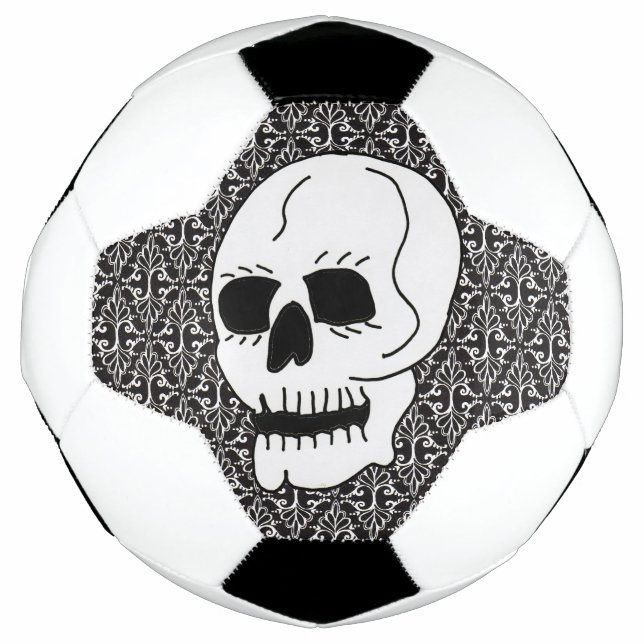 White Skull Black Eyes on Ornate Scrolled Damask Soccer Ball (Front)