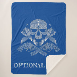 White Skull, Flowers and Guns on Blue Sherpa Blanket