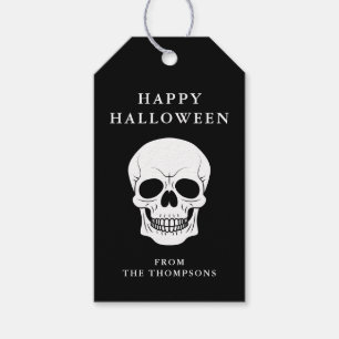 White Skull Head On Black Happy Halloween Gift Tags