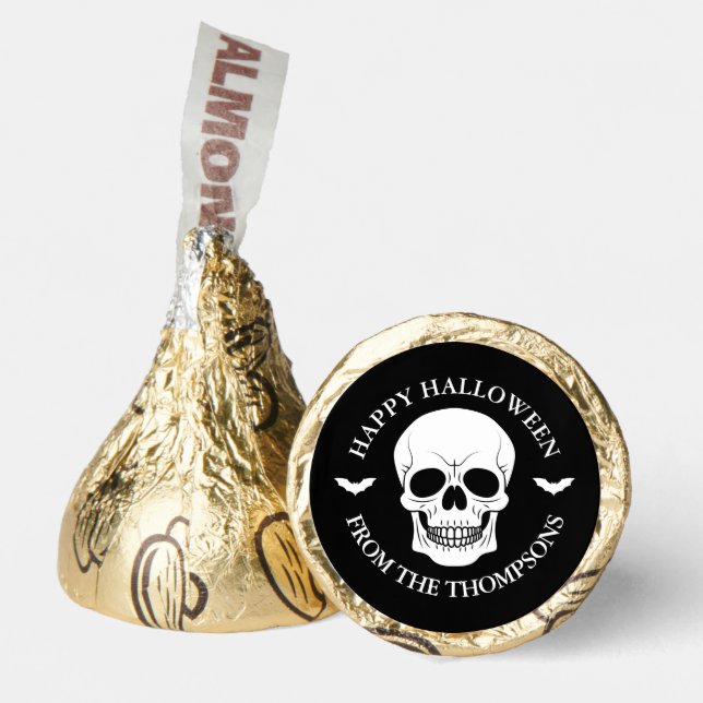 White Skull On Black Custom Name Happy Halloween Hershey®'s Kisses® (Front)