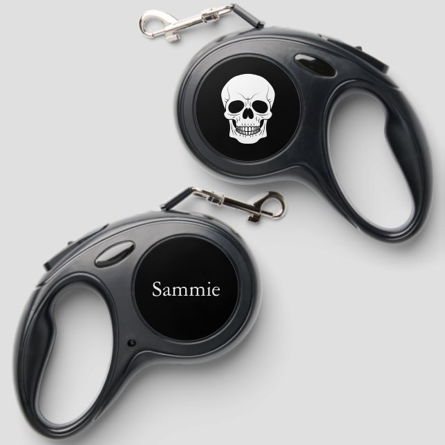 White Skull On Black With Name Halloween Retractable Pet Leash (Front & Back)