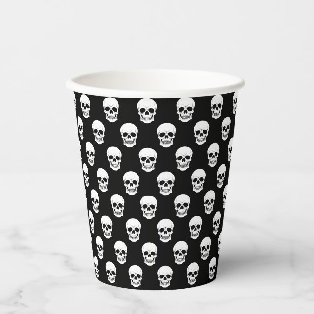 White Skull Pattern On Black Gothic Halloween Paper Cups (Front)