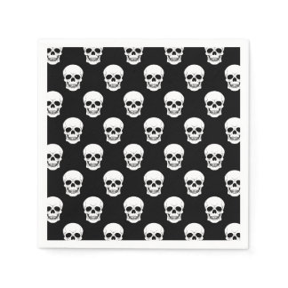 White Skull Pattern On Black Spooky Halloween Napkins
