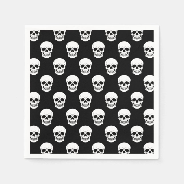 White Skull Pattern On Black Spooky Halloween Napkins (Front)