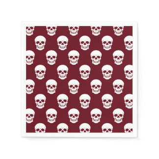 White Skull Pattern On Red Burgundy Halloween Napkins