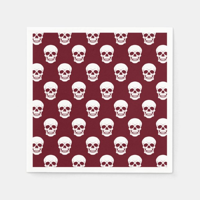 White Skull Pattern On Red Burgundy Halloween Napkins (Front)
