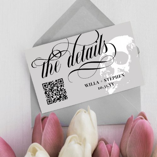 White Skull QR Code Goth Wedding Details Enclosure Card
