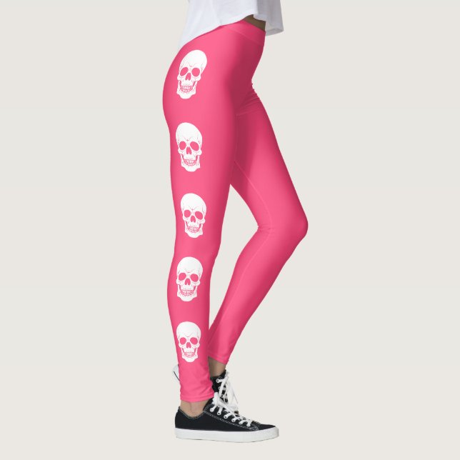 White Skull Silhouettes On Pink Halloween Leggings (Right)