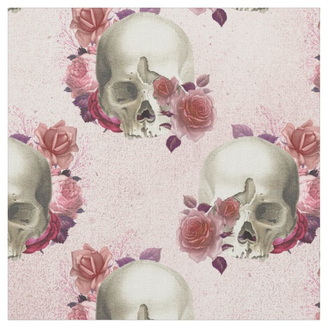 White Skulls and Pink Floral Fabric (Close Up)