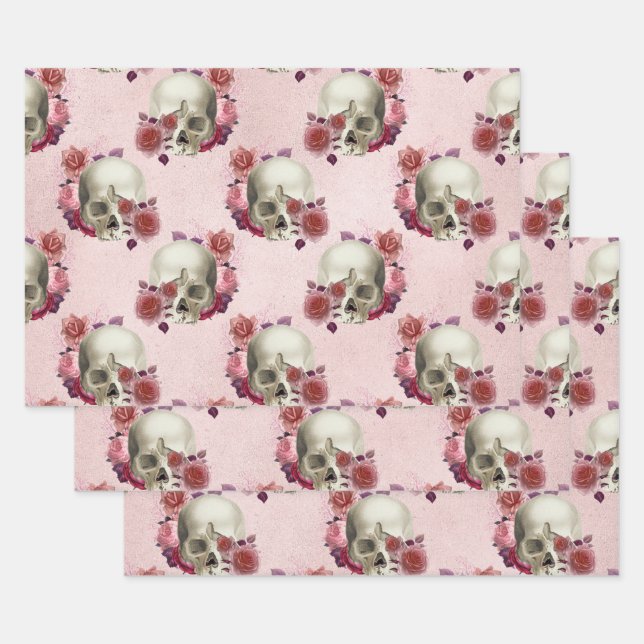 White Skulls and Pink Floral Wrapping Paper Sheets (Set)
