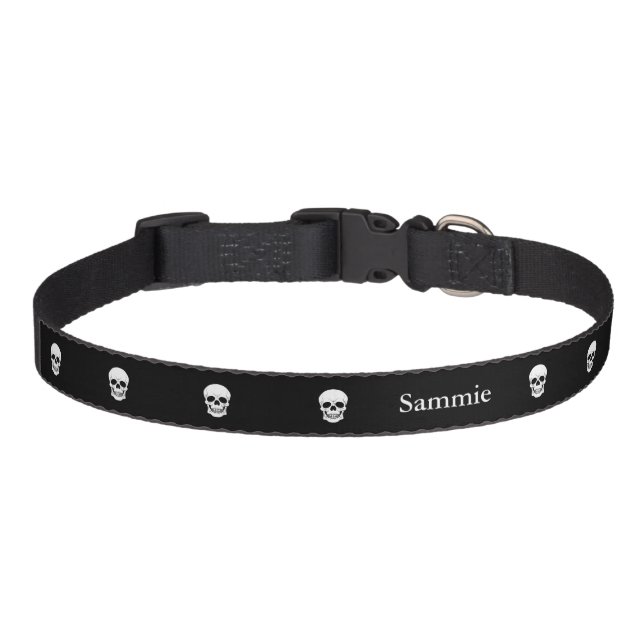 White Skulls On Black With Pet's Name Halloween Pet Collar (Front)