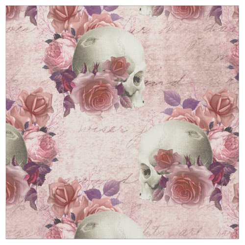 White Skulls Pink Roses and Cursive Fabric