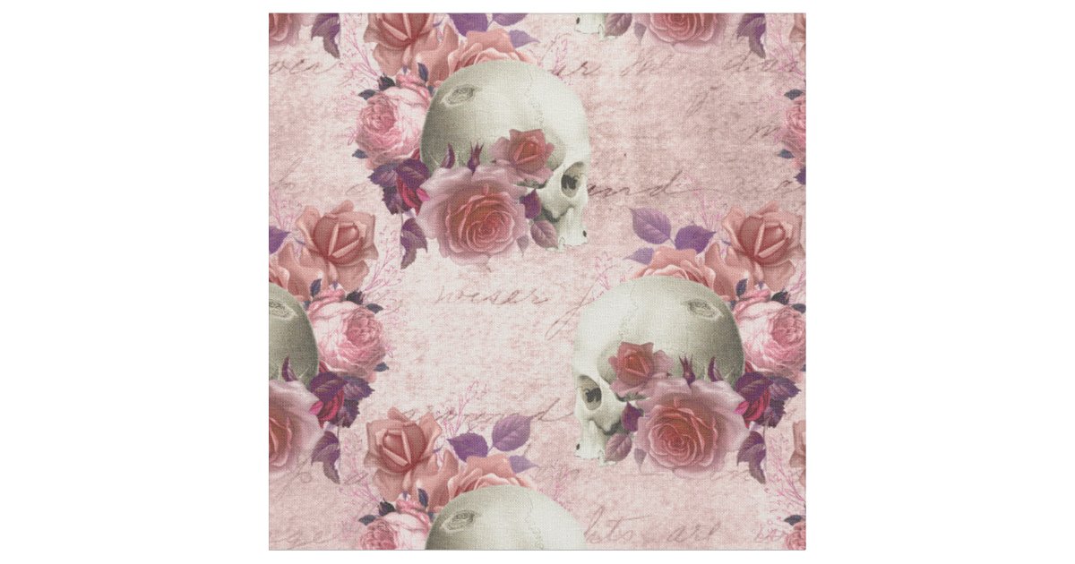 White Skulls, Pink Roses, and Cursive Fabric | Zazzle