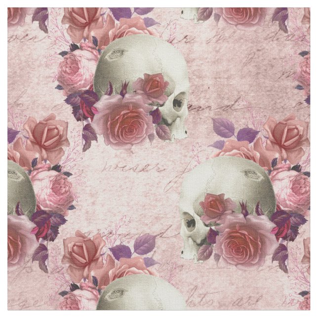 White Skulls, Pink Roses, and Cursive Fabric (Close Up)