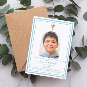 White sky blue arch photo boy First Holy Communion Invitation