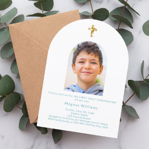 White sky blue arch photo First Holy Communion Invitation