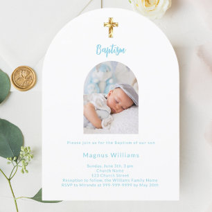 White sky blue baby boy photo arch Baptism Invitation