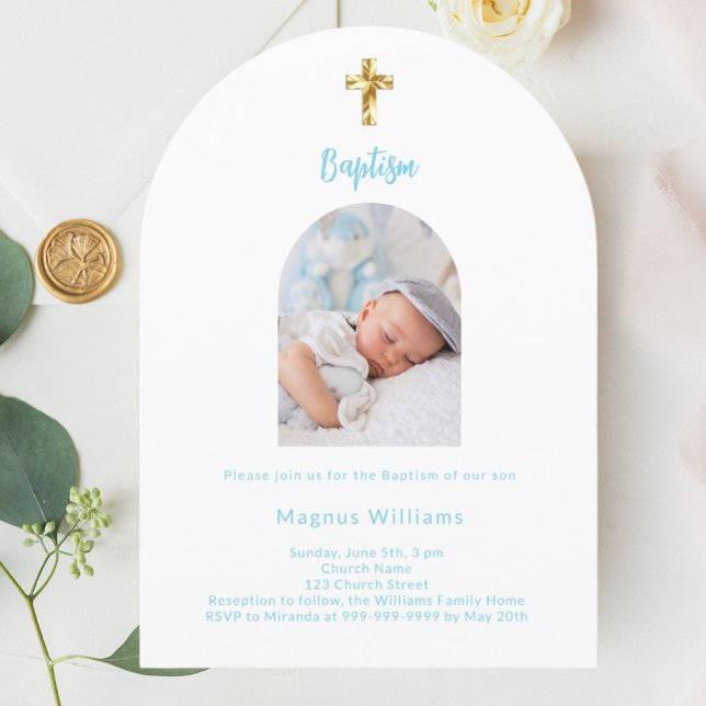 White sky blue baby boy photo arch Baptism Invitation (Creator Uploaded)