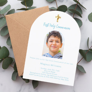 White sky blue photo arch boy First Holy Communion Invitation