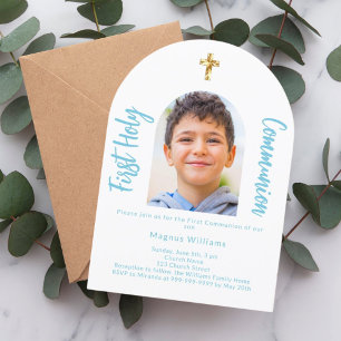 White sky blue photo arch First Holy Communion Invitation
